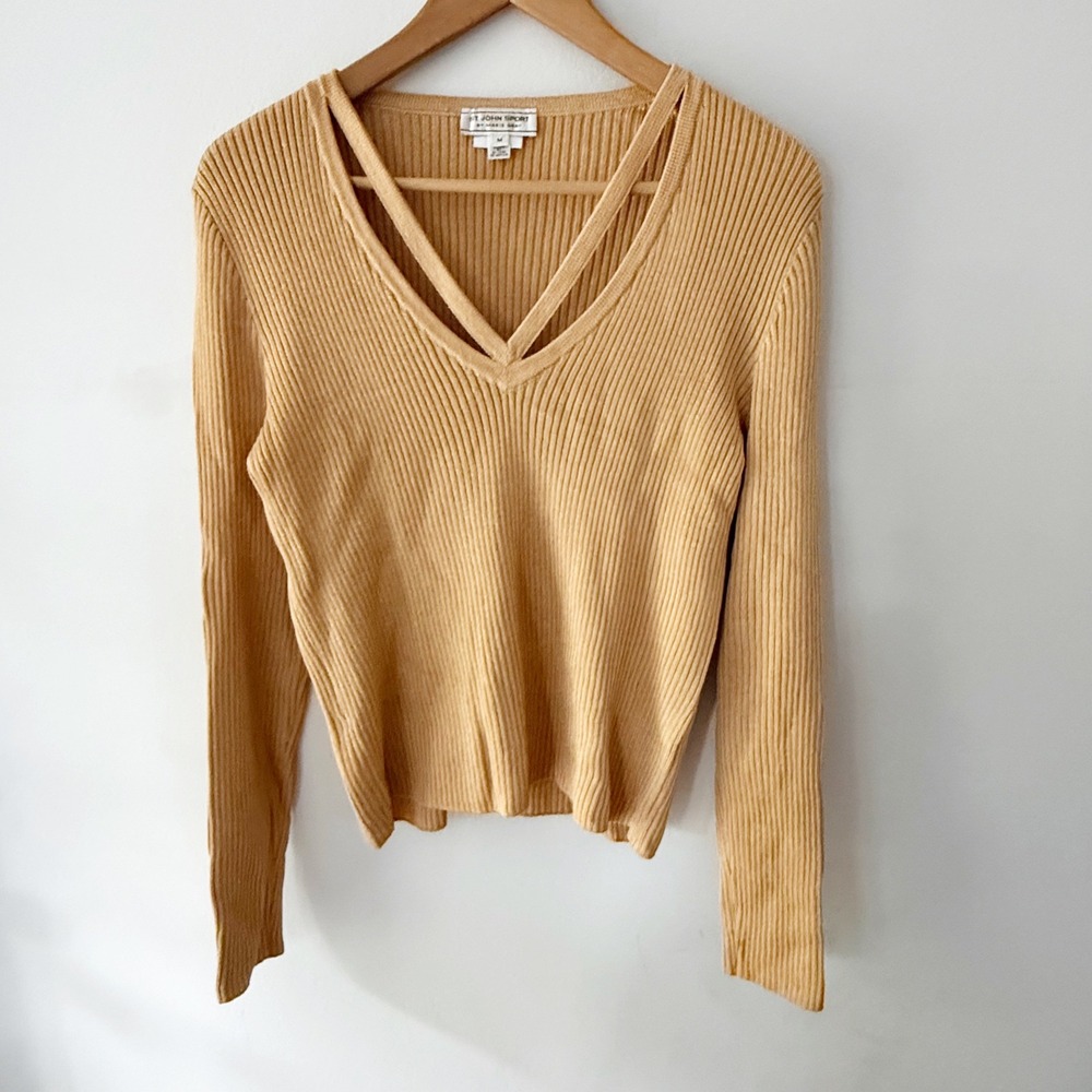 St John Sport Sweater Women Medium Gold Strappy Ribbed Wool Blend Old Money Y2K